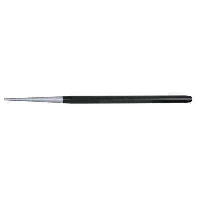 A sharp object with a gleaming silver tip and a black, conical handle.