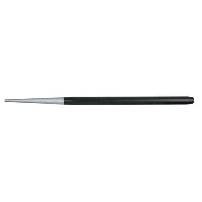A cylindrical metal tool with a tapering end, black and silver in colour, lies horizontally.