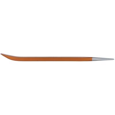 An orange pencil with a curved shape and a silver tip lies horizontally.