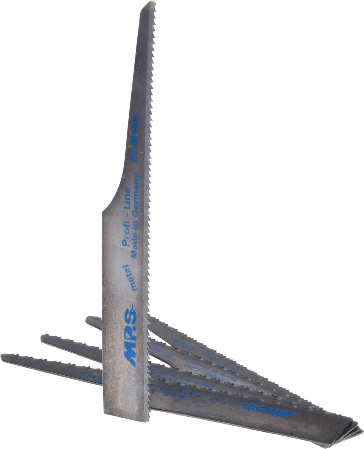 'Set of five metal sawing bands arranged at different angles, used for precision cuts in metal materials.'