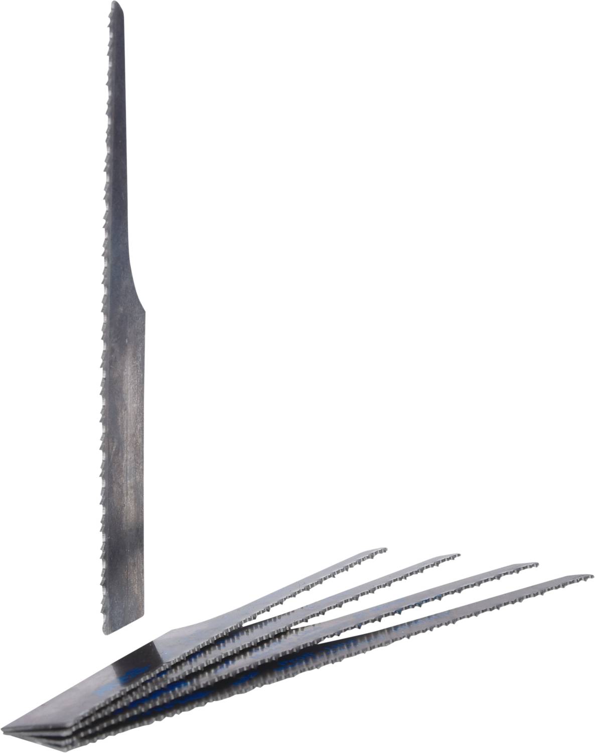 A set of metal saw blades, one standing upright, four lying flat, with serrated edges, suitable for cutting metal.