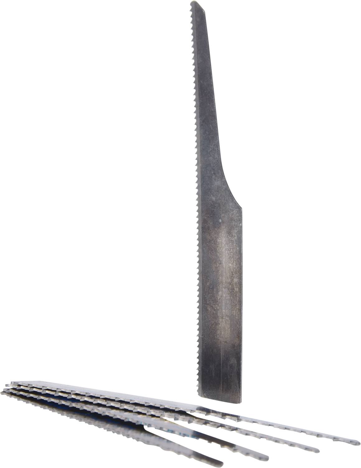 Individual saw blades with fine teeth, one standing upright. Suitable for precise cuts in materials such as wood or metal.