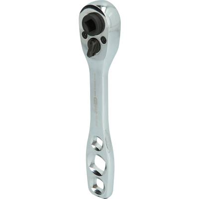 A silver ratchet with a black turning lever and square drive, used for tightening screws with compatible sockets.