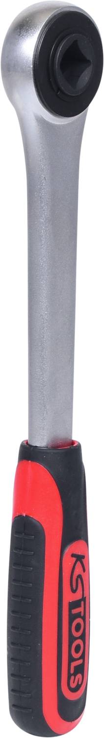 'Ratchet with ergonomic handle in red and black, robust metal, suitable for mechanical work and DIY requirements.'