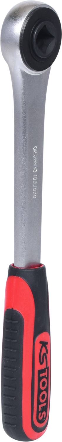 A silver and red ratchet spanner with a black handle, marked with 'KS Tools'.