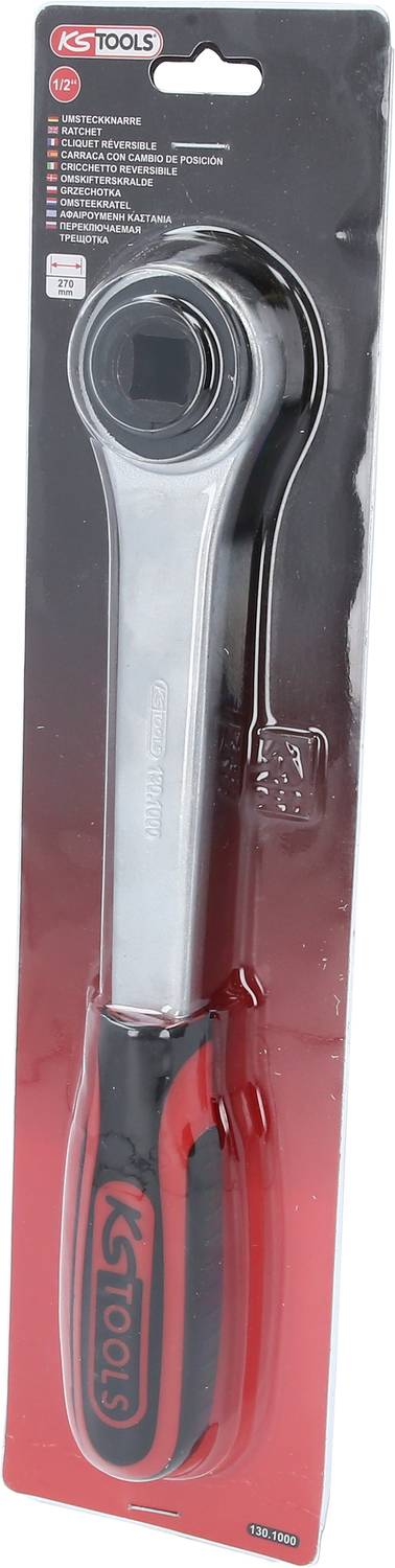 A packaged ratchet spanner from KS Tools, in a blister pack with a red and black handle, positioned upright.