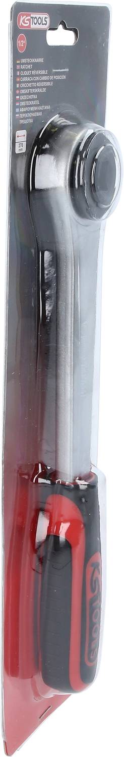 Packaged ratchet spanner set with ergonomic handle in black and red, suitable for various screw-related tasks.