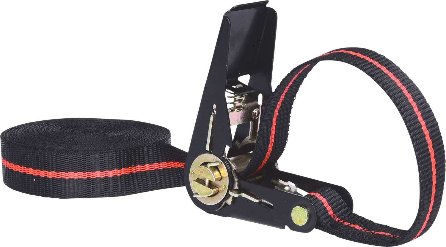 'Black tension strap with red stripe and ratchet mechanism, used for securing loads.'