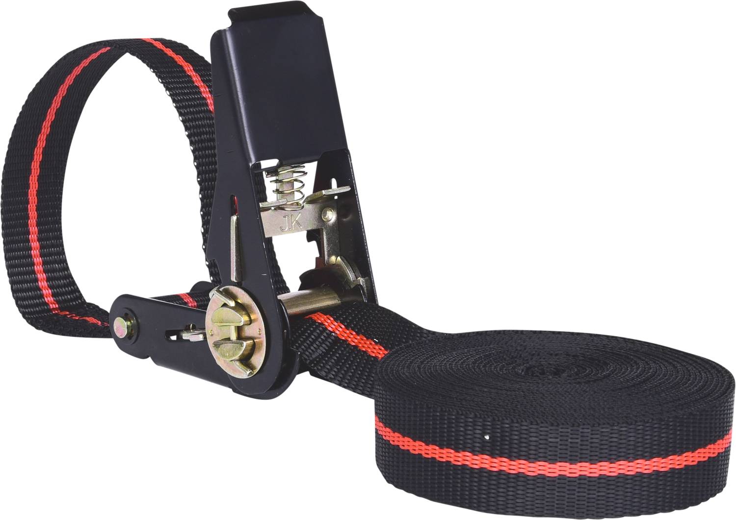 Ratchet strap in black and red, used for load securing.