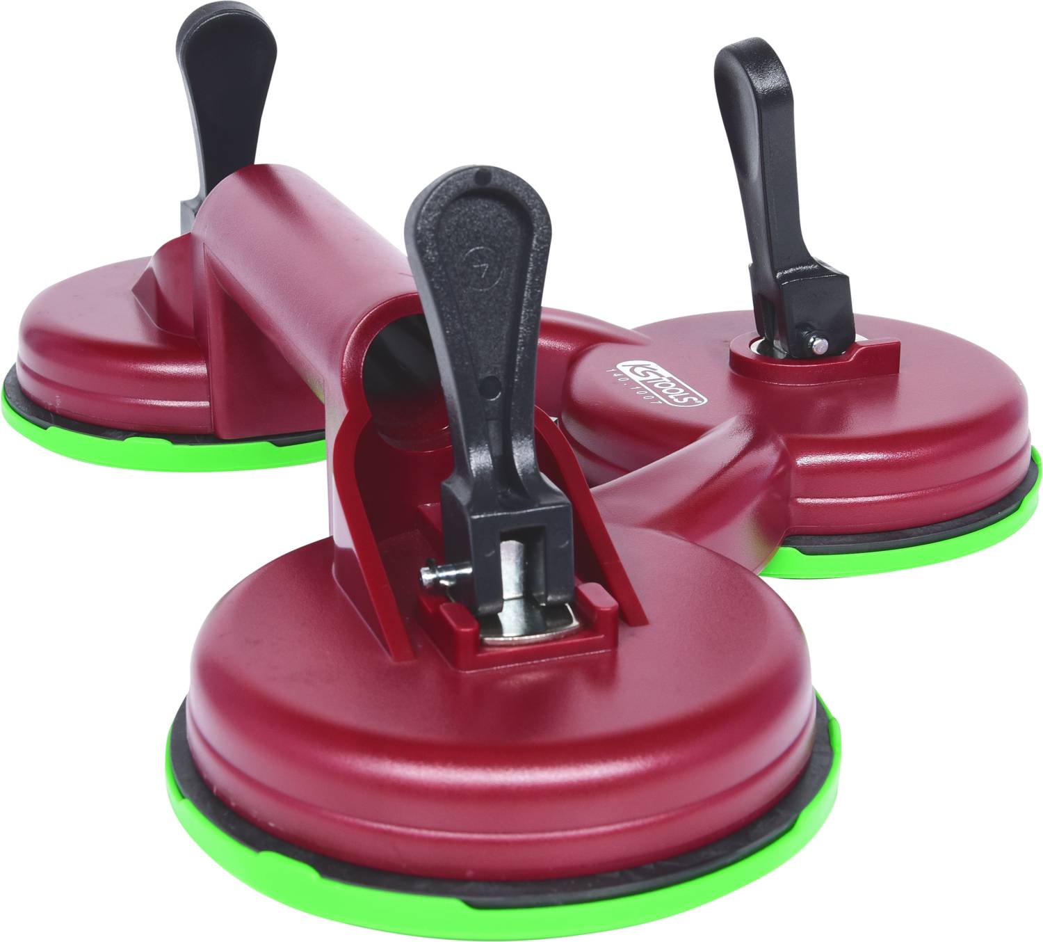 'Red triple-suction cup with green rubber edges, ideal for securely lifting or moving smooth surfaces.'