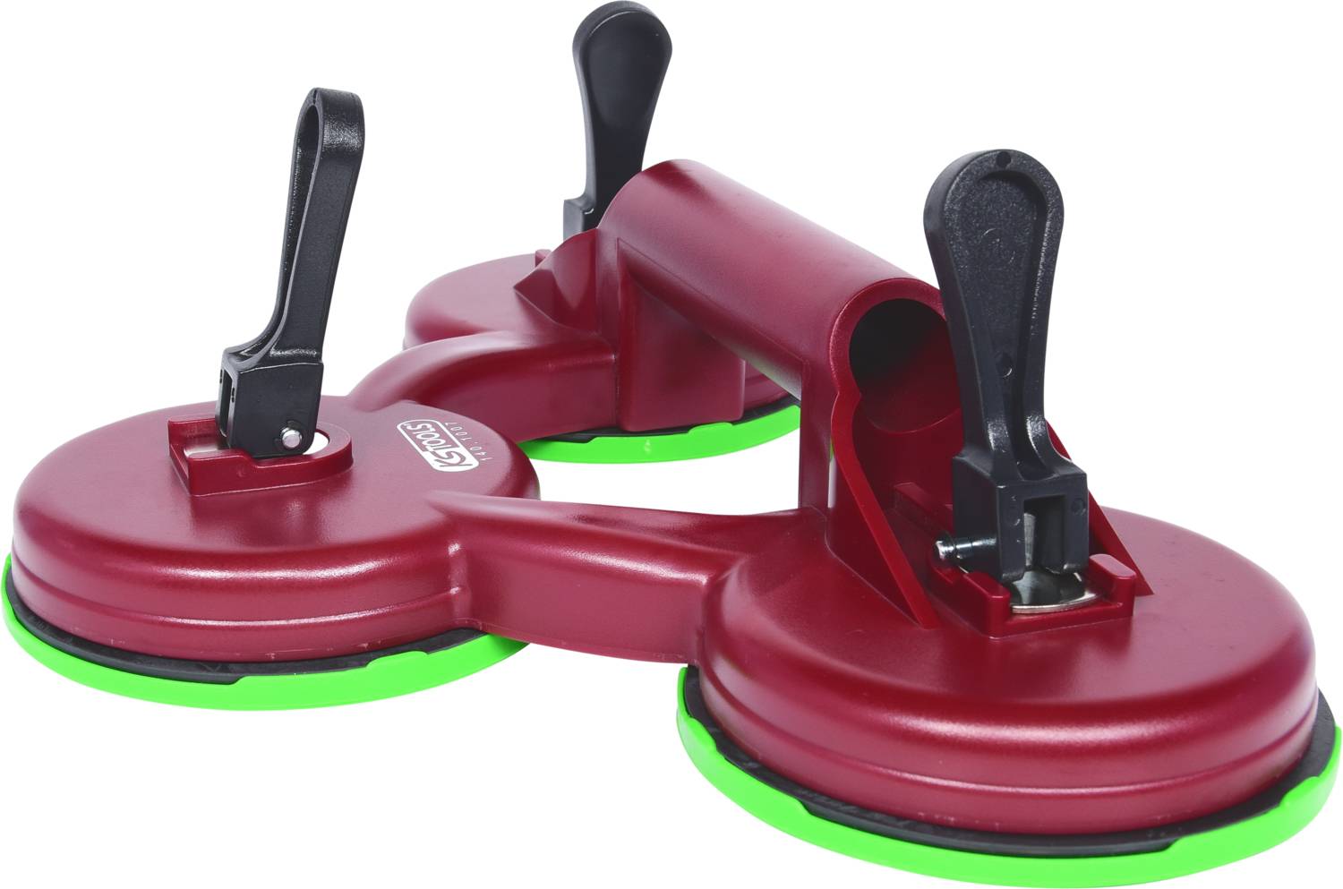 Red double suction pad with two levers for securing. Used for lifting smooth surfaces such as glass.