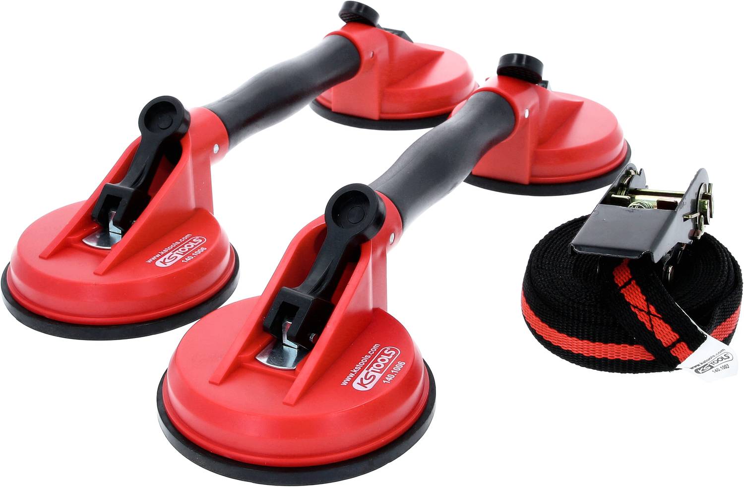 Two red suction cups with black handles, suitable for lifting glass or smooth surfaces, next to a black tensioning strap.
