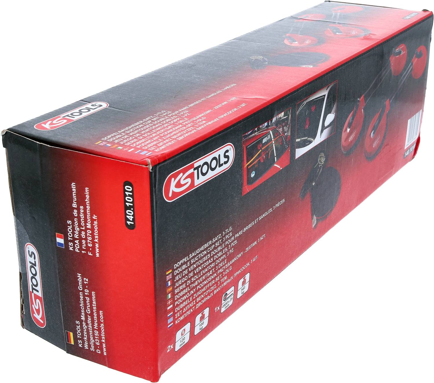 Red packaging for a KS Tools toolset with company logo and product information on the side.