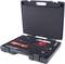 Black plastic tool case opened, showing various tools in custom-fitted compartments.