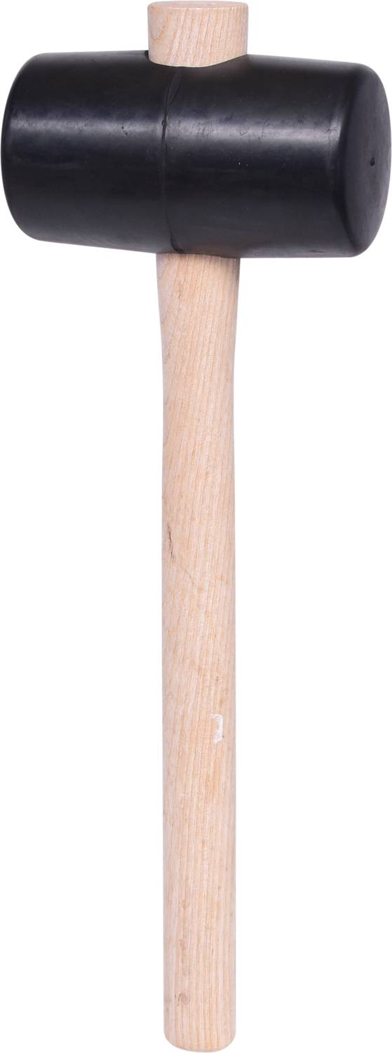 A rubber mallet with a black head and a light wooden handle on a white background.