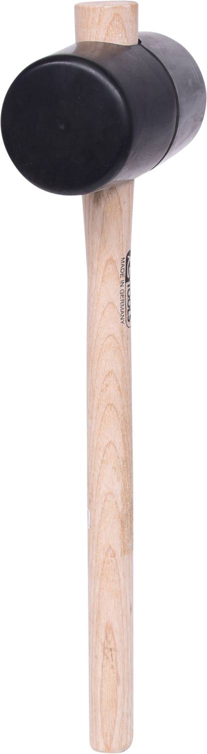 A black rubber mallet with a light wooden handle.
