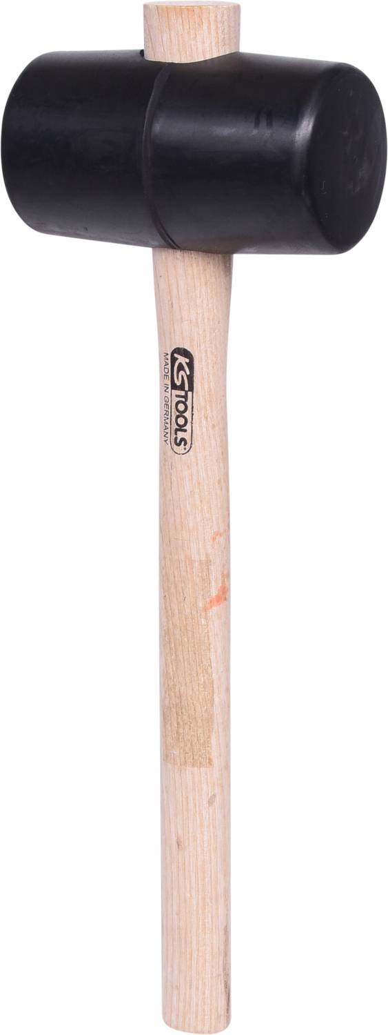 Rubber hammer with wooden handle and black rubber head, suitable for construction and DIY work.