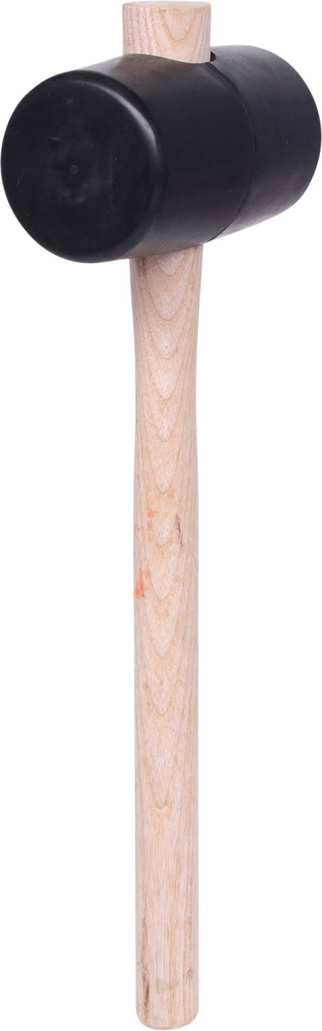 A black rubber mallet with a light wooden handle, standing upright.