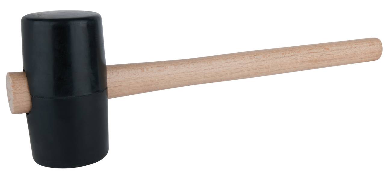 A rubber mallet with a black head and a wooden handle, resting on a white surface.