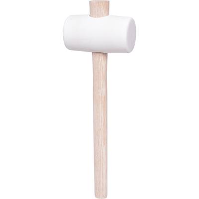 A white rubber mallet with a light wooden handle, positioned vertically.