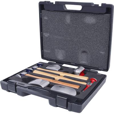 A professional toolbox with several tools, including hammers and metal forms, carefully nestled on foam inserts.