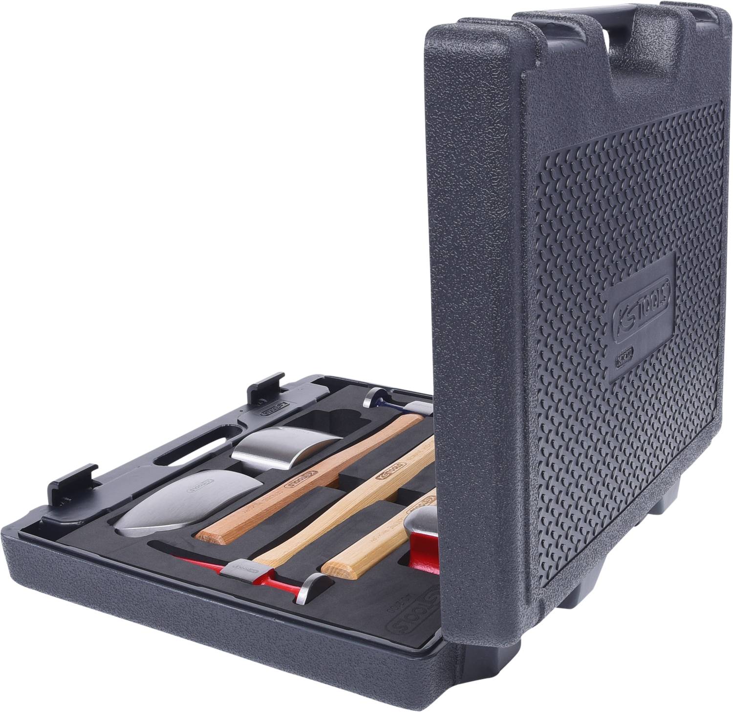 An open toolbox with various hand tools, including a hammer and screwdriver, neatly arranged in compartments.