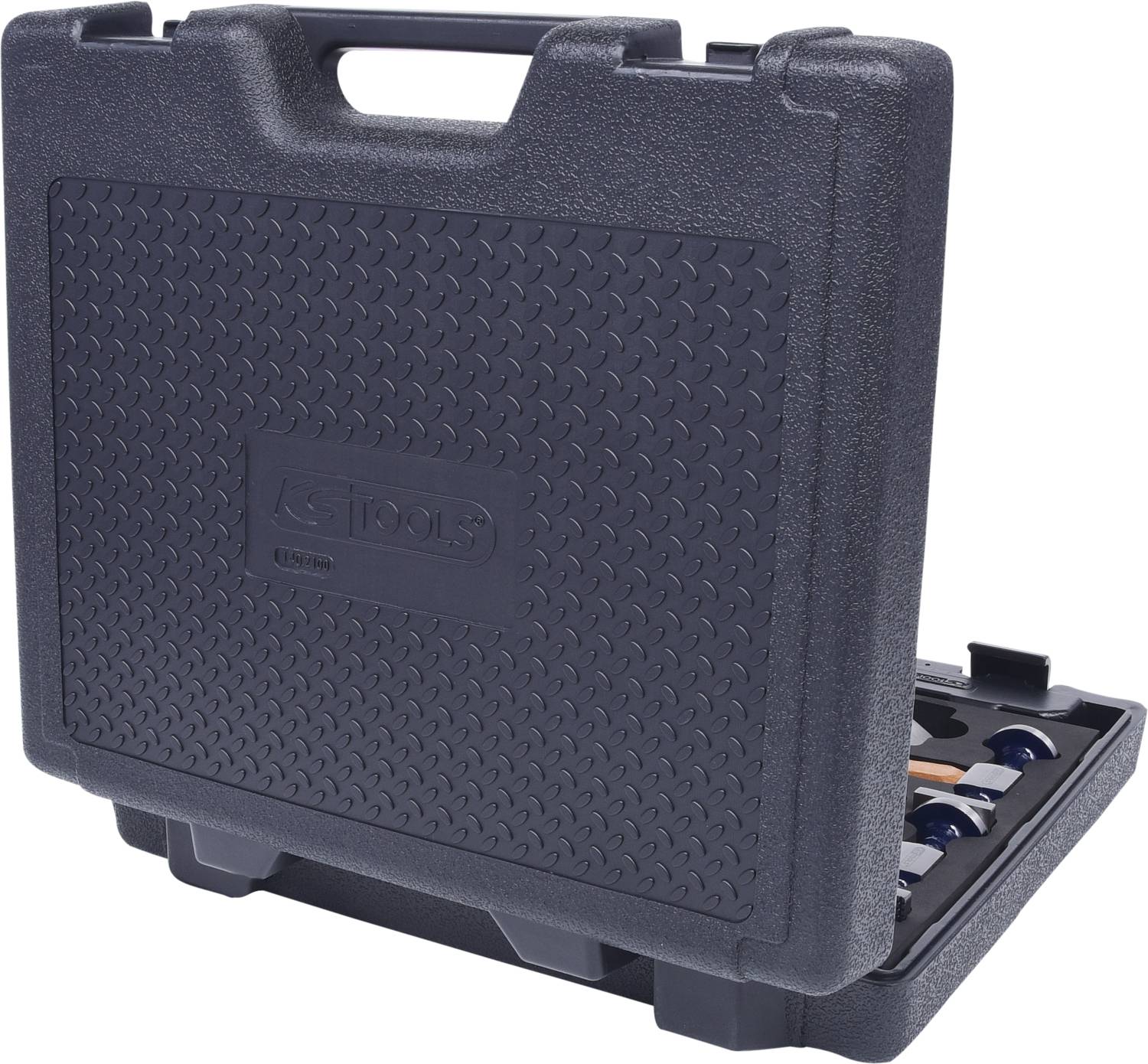 A closed black tool case made of hard plastic, partially open, reveals interior compartments and handles on top.
