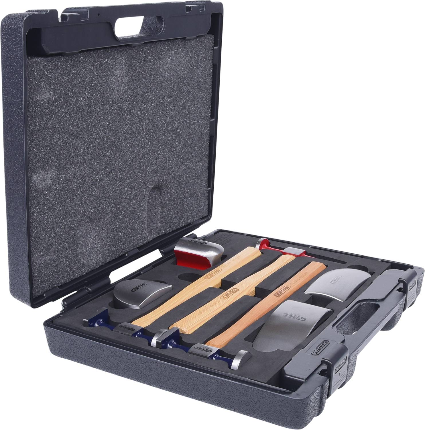 'Black and navy blue tool case with open lid, displaying five hammers with multi-coloured handles, neatly arranged on foam lining.'
