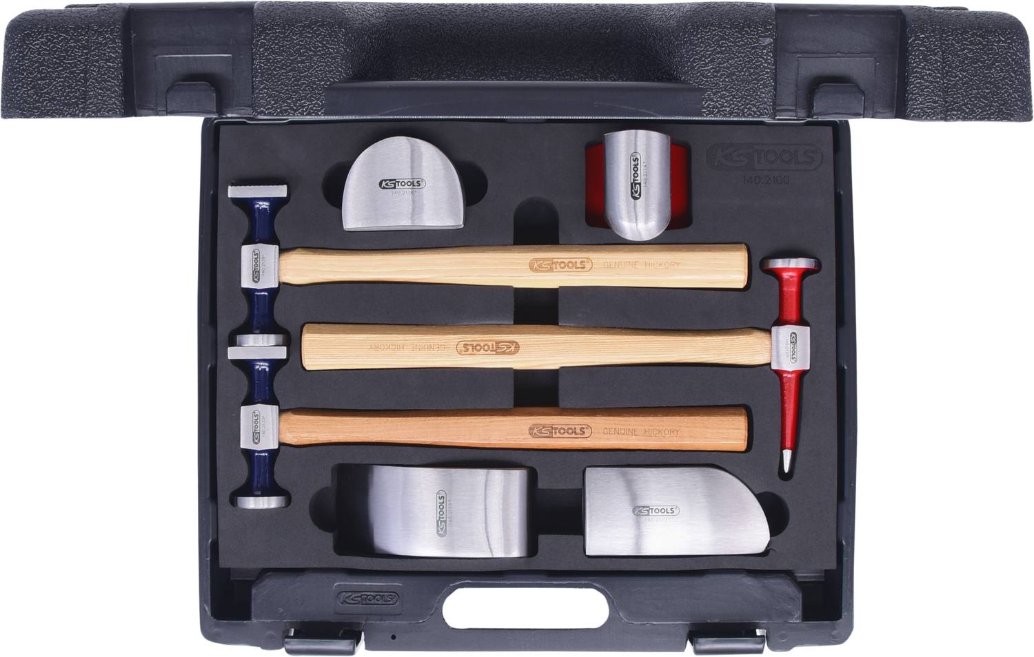 A suitcase containing a tool set with hammers and various metal blocks suitable for shaping or repairing surfaces.