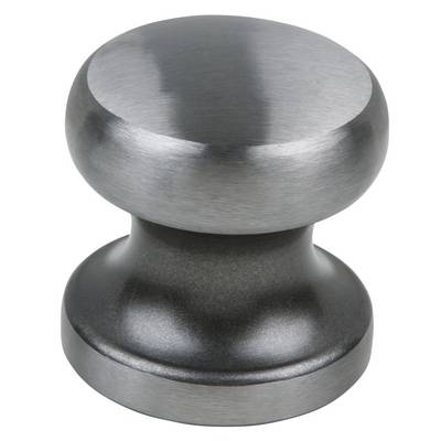 A cylindrical metal handle with a smooth surface, commonly used for furniture or doors due to its robustness.