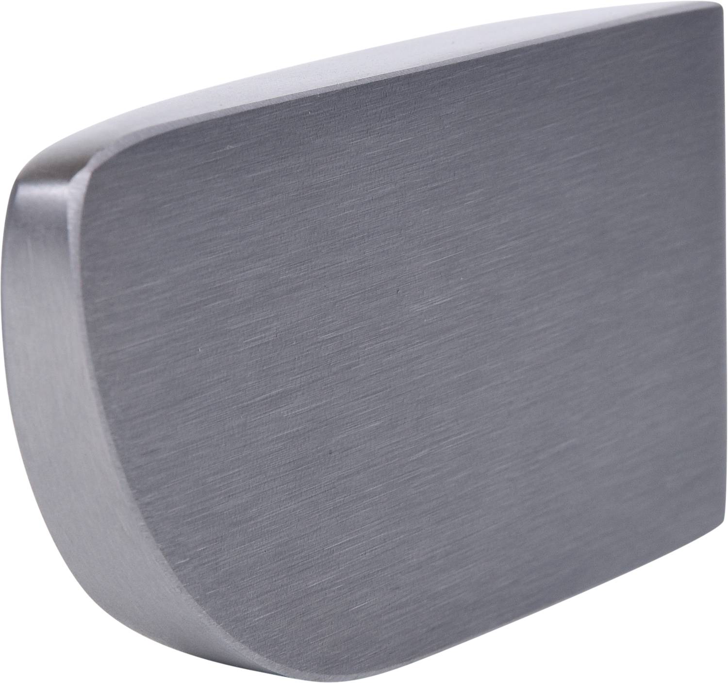 A wedge-shaped metal block with a smooth, brushed surface, depicted at an angled perspective.