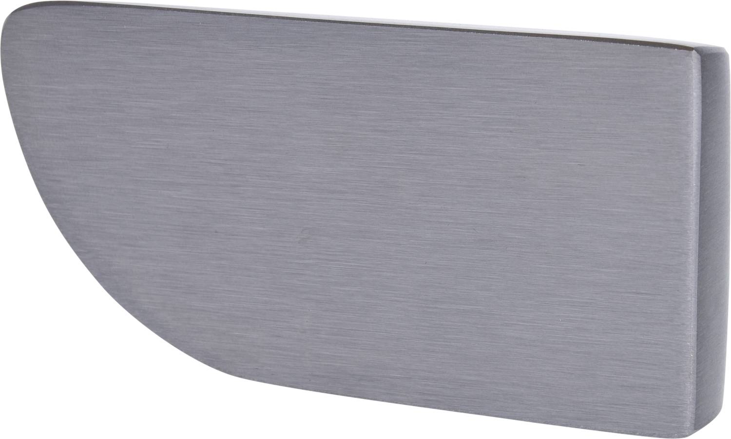 A brushed stainless steel piece in a rounded rectangular shape.