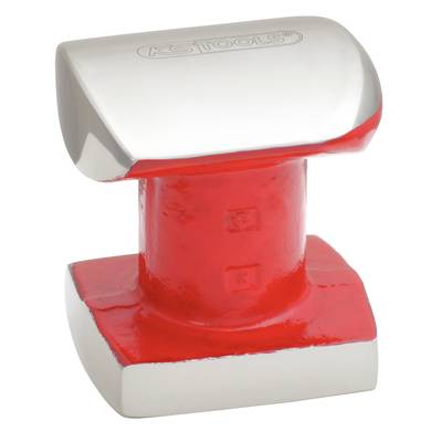 A silver and red, square metal anvil with a smooth surface, used for shaping and working metals.