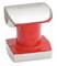 A silver and red, square metal anvil with a smooth surface, used for shaping and working metals.