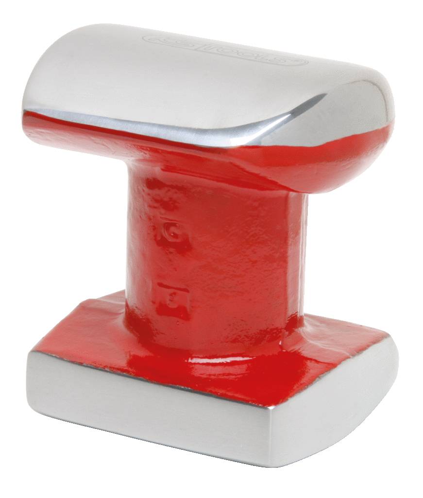 A red and silver bollard clamp, such as those used on ships to secure ropes.