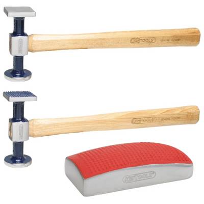 Two hammers with wooden handles and a red-grey sanding block by KS Tools. Suitable for bodywork or metalworking.