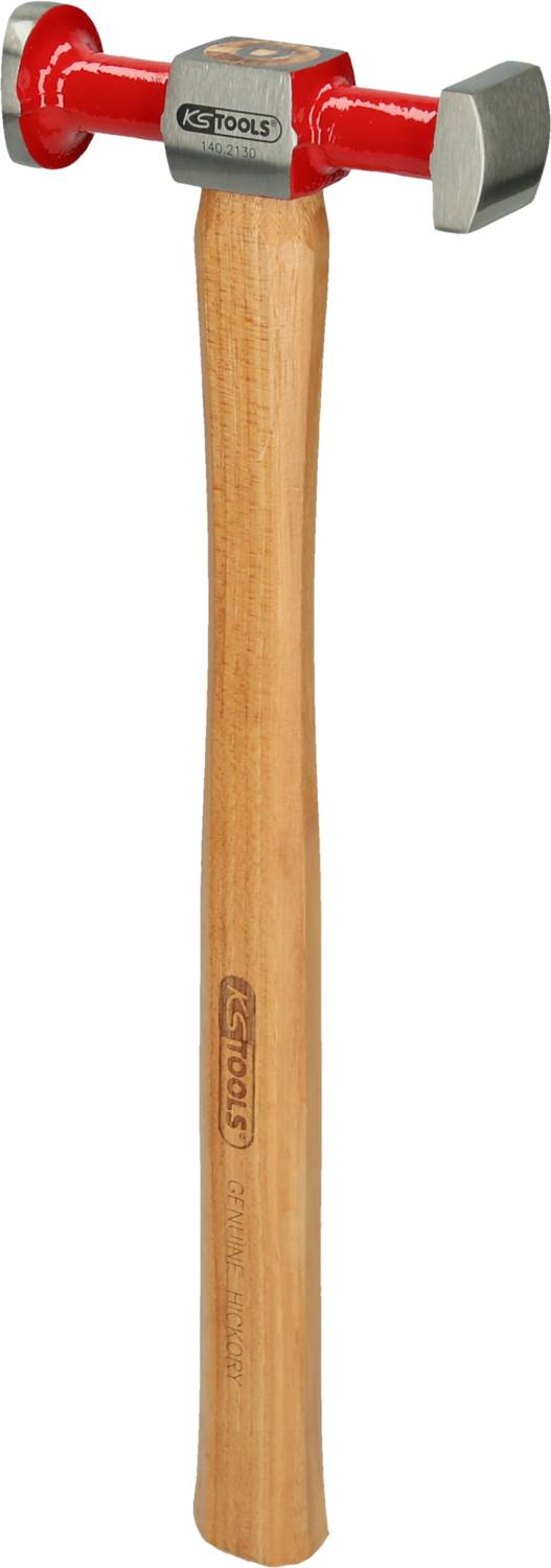 A hammer with a red metal head and wooden handle. The head features two different striking surfaces. Brand logo on the metal section.