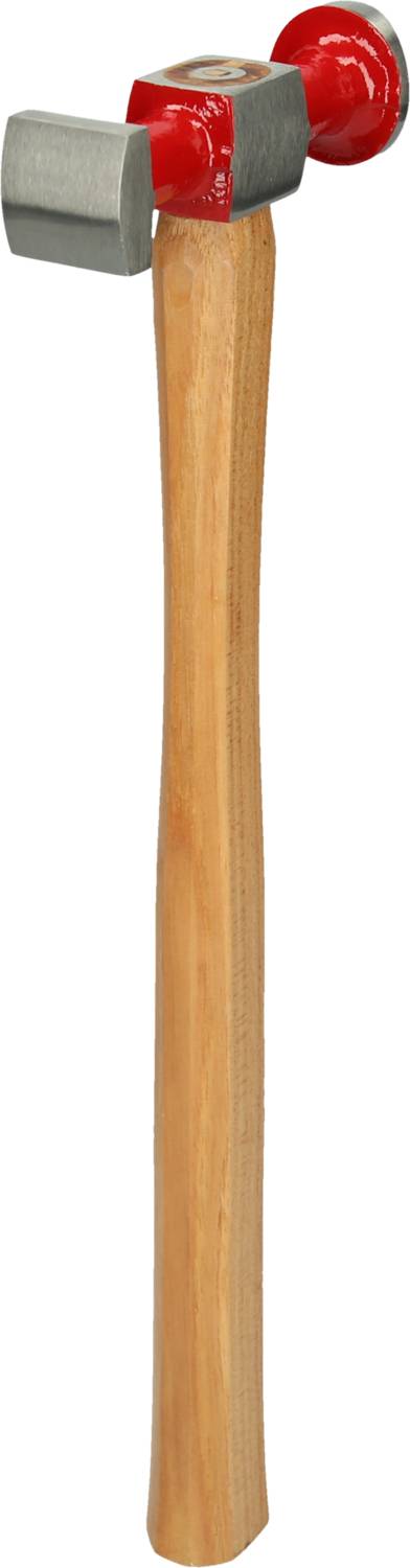 A hammer with a wooden handle and a metallic head, which is flat on one side and round on the other.