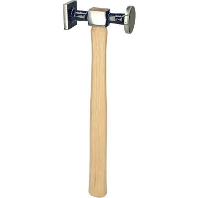 'A hammer with a wooden handle and a metallic double-headed striking face, one side flat, the other slightly curved.'