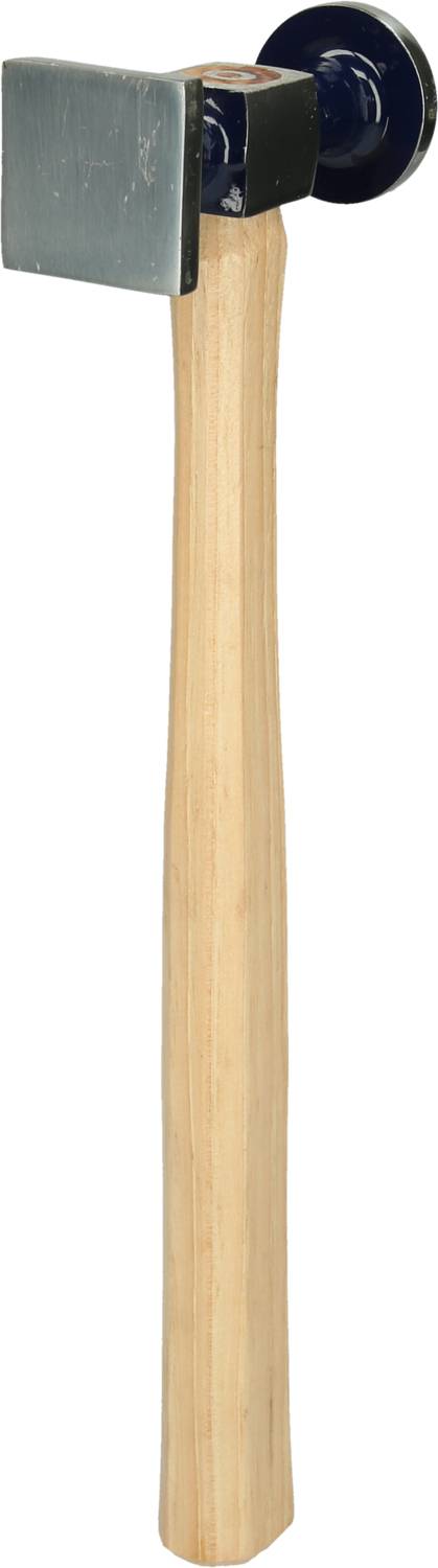 A hammer with a wooden handle and a square metal head; a tool for working with materials.