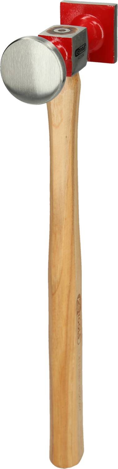 A hammer with a wooden handle and a red metal head, suitable for household tasks and building projects.
