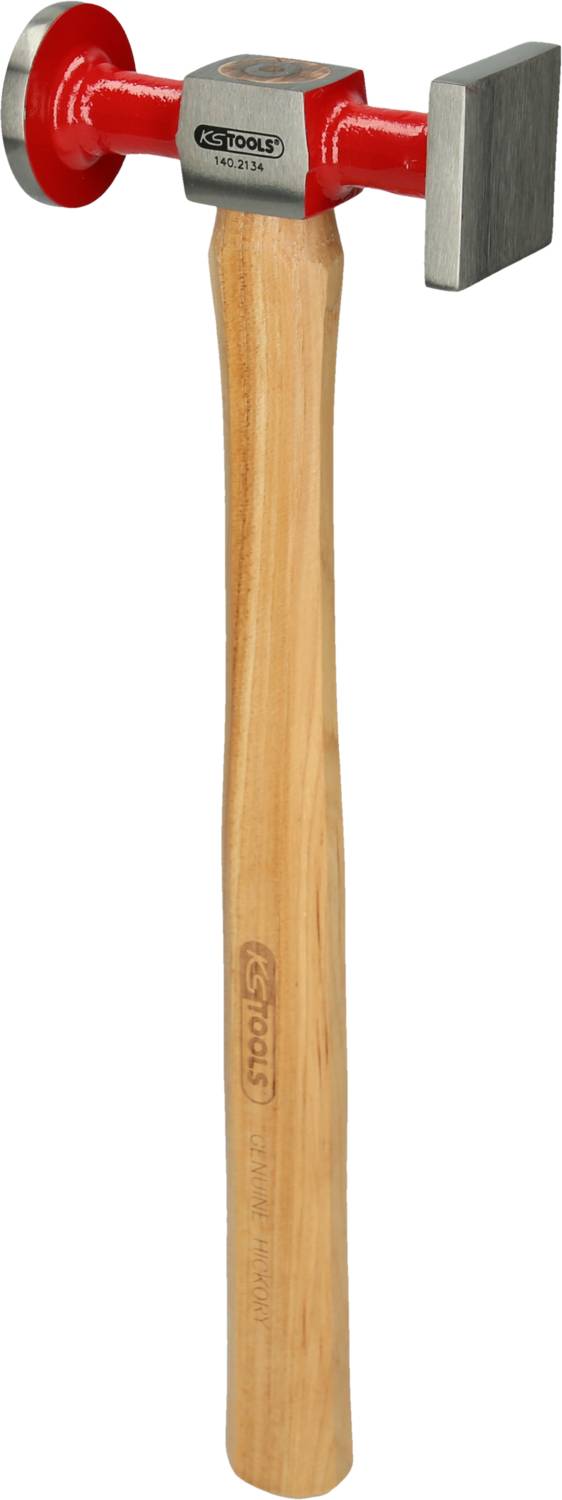 A hammer with a red head and wooden handle. The head has a flat striking surface and a rounded side.