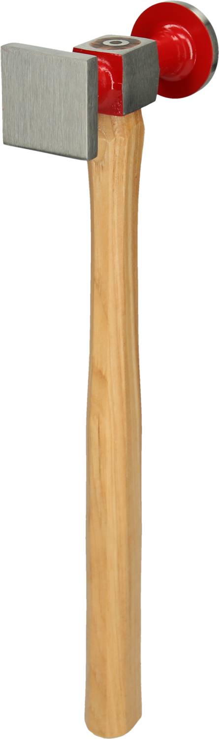 A hammer with a wooden handle and red details, suitable for metalworking, on a white background.