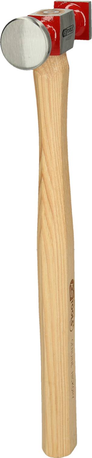 A red hammer with a wooden handle, suitable for heavy-duty tasks such as nailing and hammering. The hammer head is made of metal.