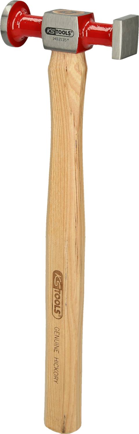 A red and silver hammer with a wooden handle and the words 'KS Tools' on the head. Suitable for carpentry and joinery work.
