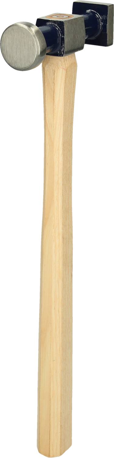 A hammer with a round head and wooden handle, standing upright. A tool used for working with materials or driving nails.