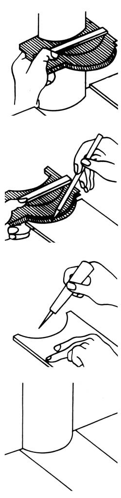 Three illustrations: 1) Handsaw cutting a pipe section horizontally. 2) Marker drawing along a template on the pipe. 3) Cutter cutting the pipe along the marking.