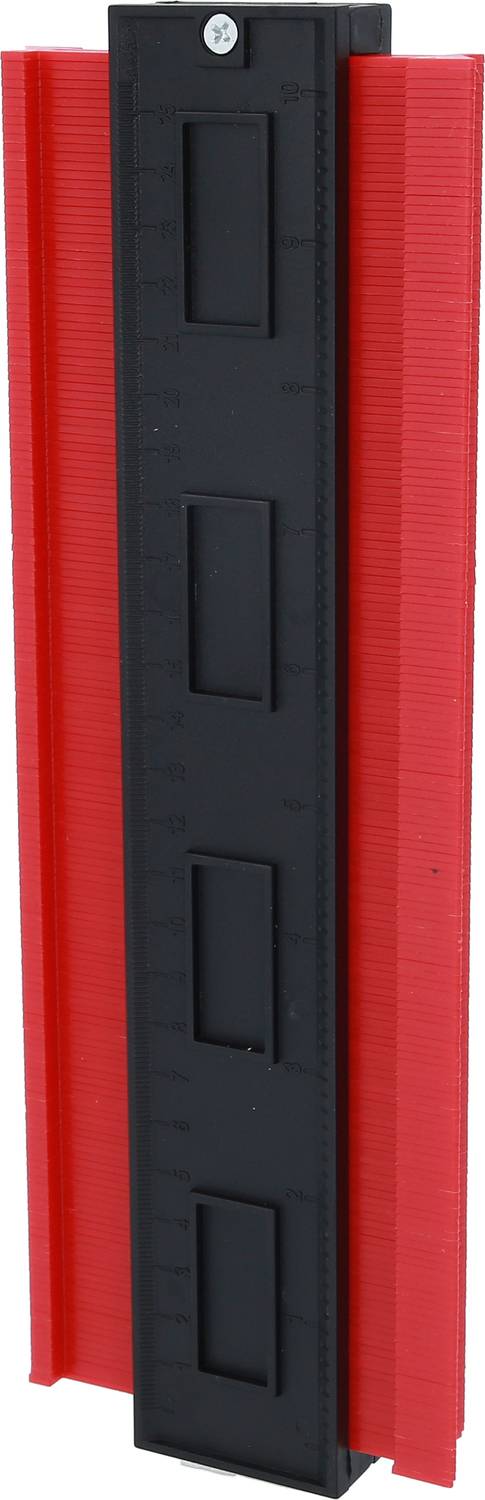A contour tracing tool with red pens and a black central section, used for scanning and transferring irregular shapes.