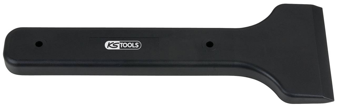 A black plastic scraper with a hole for hanging and a wide, flat scraping head. Brand logo on the handle.