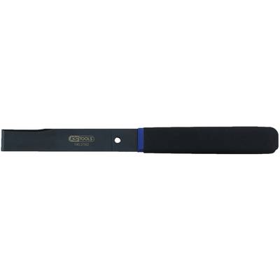 A black plastic wedge with a blue line, used as a tool for installing or removing trim parts.
